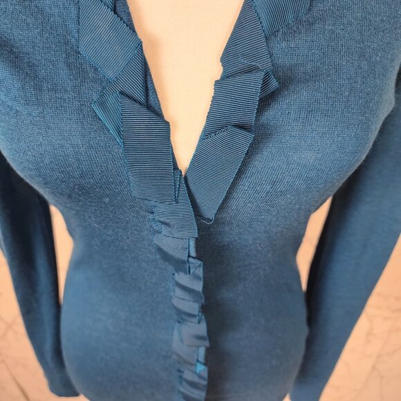 Elie Tahari Blue Cashmere Silk Knit Pleated Ribbon Snap Cardigan - Picture 2 of 8